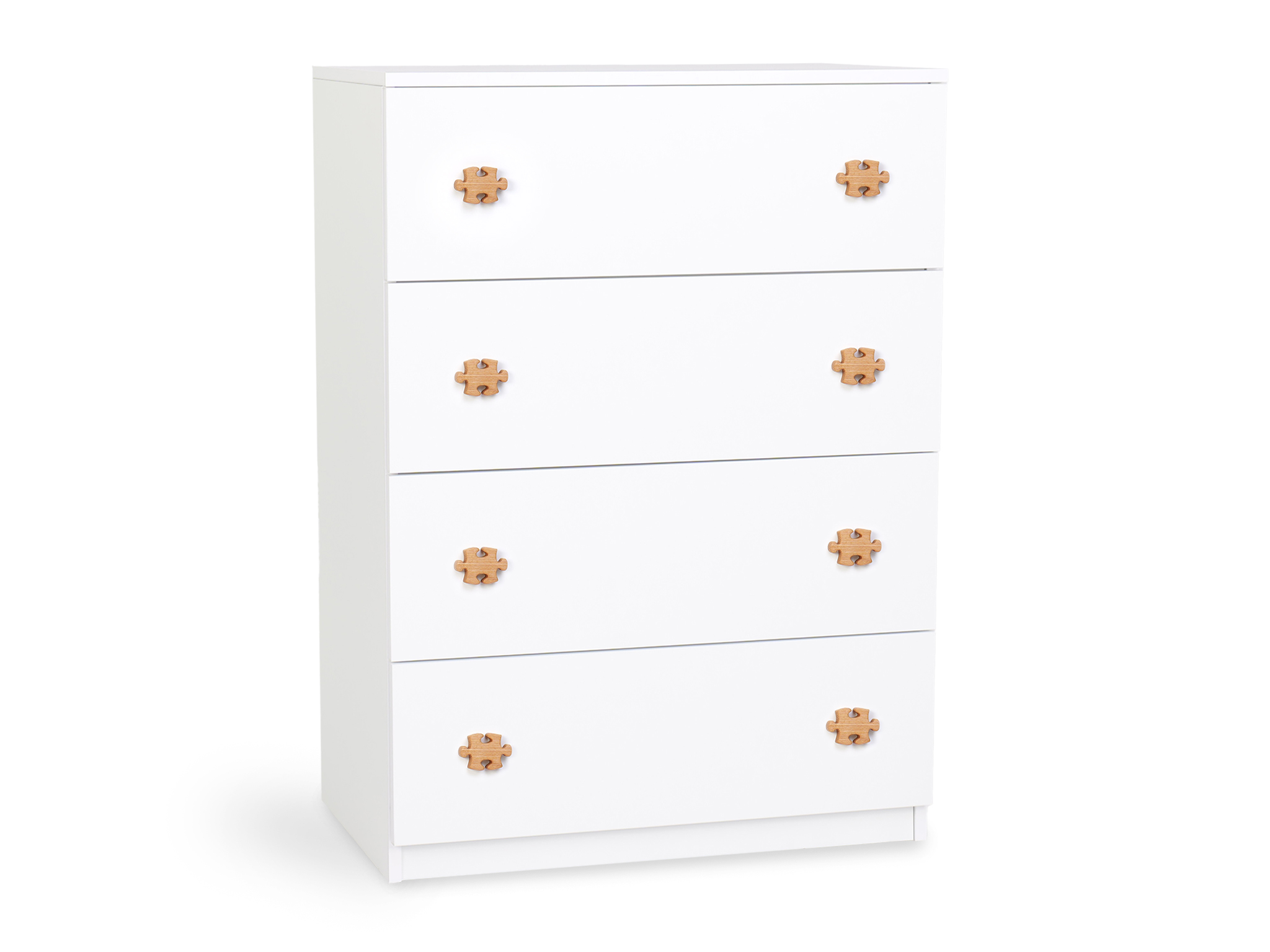 Fehér LEO L4 komód puzzle alakú fa fogantyúkkal